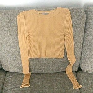 Beige Ribbed Long Sleeve Crop Top